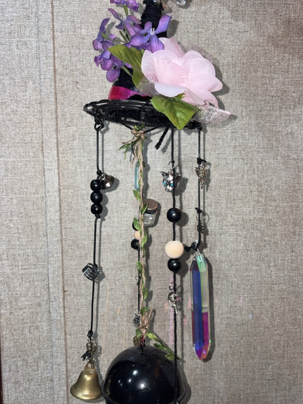 Handmade Black and Pink Floral Wind Chime Pendant for Women